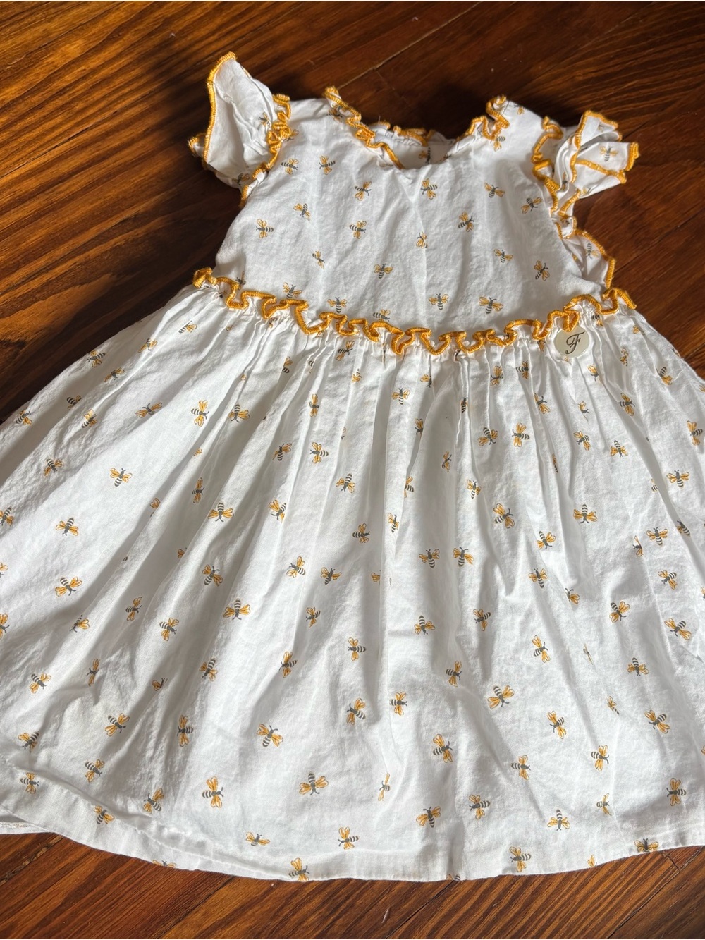 Foque Spain Dress Yellow Bee Print and Ruffle Trim